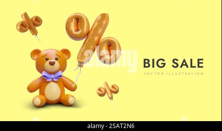 Großer Verkauf im Spielwarengeschäft. Geschenke für Kinder im Webshop kaufen. 3D realistischer Teddybär und Goldballon Prozent. Vektorabbildung mit gelbem Hintergrund und Platz für Text. Großer Verkauf im Spielwarengeschäft. Geschenke für Kinder im Webshop kaufen Stock Vektor