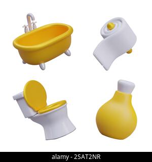 Luxuriöses Bad, weiches Toilettenpapier, Toilette mit goldenem Sitz, gelbe Flasche für flüssige Kosmetikprodukte. 3D-Zubehör für die tägliche Grundhygiene. Isolierter Vektor auf weißem Hintergrund. Luxuriöses Bad, weiches Toilettenpapier, Toilette mit goldenem Sitz, gelbe Flasche für flüssige Kosmetikprodukte Stock Vektor