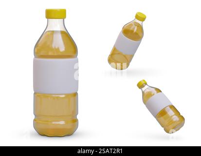 Set mit 3D-Flaschen mit Öl. Isoliertes Objekt an verschiedenen Positionen. Gelbe durchsichtige Kunststoffflasche mit weißem leerem Etikett. Vegetarische Zutat. Symbole für kulinarische Website, Anwendung. Set mit 3D-Flaschen mit Öl. Isoliertes Objekt an verschiedenen Positionen Stock Vektor