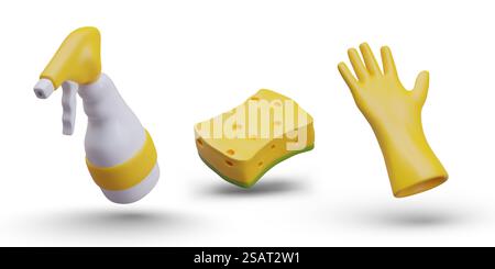 Spritzflasche, Schwamm und Handschuhe zum Schutz der Hände. Kollektion von Produkten für die Hausreinigung in gelben Farben. Vektorabbildung im 3D-Stil. Spritzflasche, Schwamm und Handschuhe zum Schutz der Hände Stock Vektor