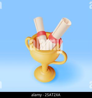 3D Gold Trophäe mit Diplom isoliert. Goldene Tasse und Papierrolle rendern. Diplom oder Akkreditierung. Ziel und Leistung. Unternehmensabschluss oder Bildungskonzept. Vektorabbildung. 3D Gold Trophäe mit Diplom isoliert Stock Vektor