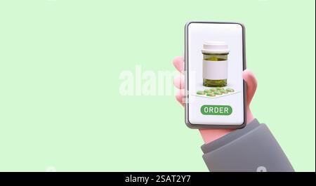 Online-Bestellung von Arzneimitteln. Telefon-Antrag für Pillen-Buchung. Suche und Fernauswahl von Medikamenten zum besten Preis. 3D-Handheld-Smartphone mit Apotheken-App. Online-Bestellung von Arzneimitteln. Telefon-Antrag für Pillen-Buchung Stock Vektor