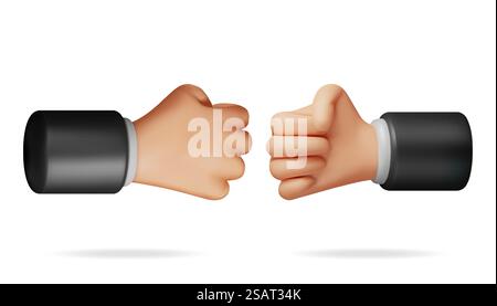 3D-Hände Fäuste im Konflikt isoliert auf weißem Hintergrund. Handfaust-Gestensymbol Rendern. Protest gegen Stärke oder Macht. Revolution und Protestzeichen. Illustration Des Zeichentrickvektors. 3D-Handfäuste im Konflikt isoliert Stock Vektor