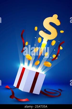 Geschenkbox mit Münzexplosion öffnen. Big-Win-Konzept. Vektorabbildung. Geschenkbox mit Münzexplosion öffnen. Big-Win-Konzept. Stock Vektor