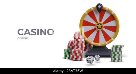 Poster für Online-Casino. Realistisches Glücksrad, Stapel Pokerchips, Spielwürfel. Farbvektorzusammensetzung auf weißem Hintergrund. Platz für Logo, Text, Schaltfläche. Poster für Online-Casino. Realistisches Glücksrad, Stapel Pokerchips, Spielwürfel Stock Vektor