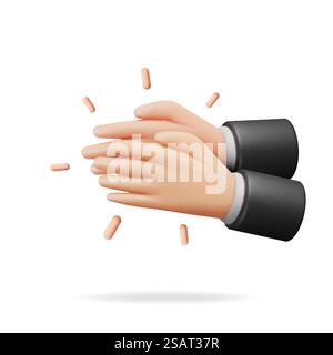 3D-Klatschen menschlicher Hände isoliert auf weiß. Rendering Cartoon Applaus Hände. Symbol „Scheuern“ oder „Klatschen“. Gesten, Gratulation, Wertschätzung oder Begeisterung. Vektorabbildung. 3D-Klatschen menschlicher Hände isoliert auf weiß Stock Vektor