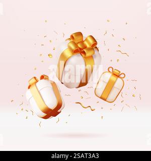 3D-Geschenkboxen mit goldenem Konfetti. Gewickelte Box in Gold Glitter rendern. Weihnachten Neujahr, Verkauf, Einkaufen. Geschenkbox mit Schleifenbändern. Geschenkschachtel für Valentinstag, Geburtstag, Feiertag. Vektorabbildung. 3D-Geschenkboxen mit goldenem Konfetti. Stock Vektor