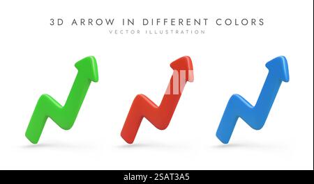 Satz von Geschäftspfeilen in verschiedenen Farben. Aufwärtsbewegung, Entwicklung. Finanzdiagramm. Fehler und Erfolg. Isoliertes Vektorbild. Grüner, roter, blauer Pfeil. Satz von Geschäftspfeilen in verschiedenen Farben. Aufwärtsbewegung, Entwicklung Stock Vektor