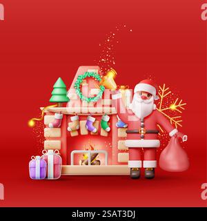 3D Red Brick New Year Kamin und Weihnachtsmann. Rendering Weihnachten dekorierter Kamin mit Socken, Baum, Geschenke. Frohes Neues Jahr. Weihnachtsfeiertage. Neujahr und Weihnachtsfeier. Vektorabbildung. 3D Red Brick New Year Kamin und Weihnachtsmann. Stock Vektor