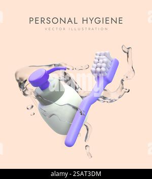 Körperhygiene. Realistischer Spender, Zahnbürste und Spritzer Wasser. Werbeplakat für Geschäfte, die kosmetische Produkte verkaufen. Vektorillustration mit Textstelle in orange und lila Farben. Körperhygiene. Realistischer Spender, Zahnbürste und Spritzer Wasser Stock Vektor