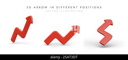 Satz roter gebogener Pfeile auf weißem Hintergrund. Farbige Vektorsymbole. Isolierte Illustrationen mit Schatten. Symbole für Richtung, Wachstum, Fall. Hinweis zum Klicken. Satz roter gebogener Pfeile auf weißem Hintergrund. Farbige Vektorsymbole Stock Vektor