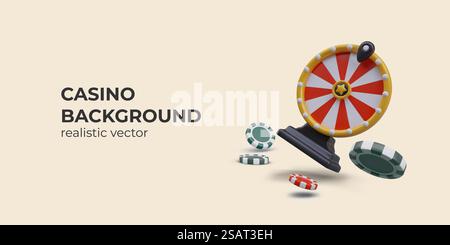 Konzept des Glücksrads und der grünen und roten Chips. Plakat mit Platz für Text und beigefarbenem Hintergrund. Gewinnen Sie Jackpot-Geld. Glücksspielchance. Vektorabbildung im 3D-Stil. Konzept des Glücksrads und der grünen und roten Chips Stock Vektor