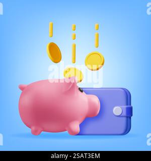 3D Piggy Bank mit Münzen und Brieftasche isoliert. Geben Sie Plastic Piggy Bank für Geld. Moneybox in Form von Schwein. Konzept: Bargeld, Investitionen in Geschäftseinlagen, finanzielle Einsparungen. Vektorabbildung. 3D Piggy Bank mit Münzen und Brieftasche Stock Vektor