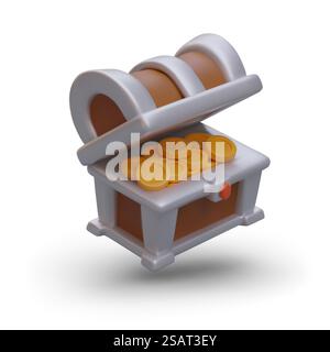 Offene 3D-Brust mit Münzen. Schatz im Cartoon-Stil. Isoliertes Vektorbild. Farbige Abbildung auf weißem Hintergrund. Erfolge in Spiel, Anwendung, Wettbewerb. Offene 3D-Brust mit Münzen. Schatz im Cartoon-Stil. Isoliertes Vektorbild Stock Vektor