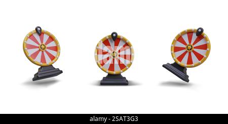 Vektor-realistisches Glücksrad in verschiedenen Positionen. Roulette ohne Markierung, Mockup. Spiel dreht sich auf dem Stand. Satz isolierter Illustrationen mit Schatten. Symbol der Zufallswahl, Ziehen, Lotto. Vektor-realistisches Glücksrad in verschiedenen Positionen. Roulette ohne Markierung, Mockup Stock Vektor