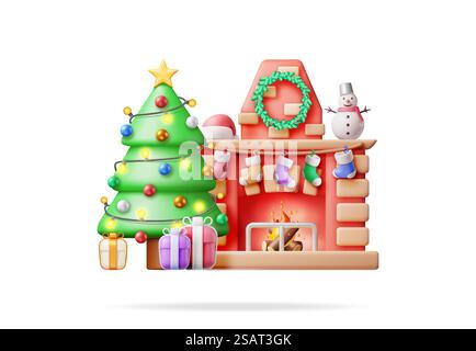 3D Red Brick New Year Kamin isoliert. Rendering Weihnachten dekorierter Kamin mit Socken, Baum, Geschenke. Frohe Neujahrsdekoration. Weihnachtsfeiertage. Neujahr und Weihnachtsfeier. Vektorabbildung. 3D Red Brick New Year Kamin isoliert Stock Vektor