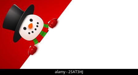 Glücklicher, lächelnder Schneemann, der hinter einem leeren Schild steht. Weihnachts- und Neujahrsbanner. Vektorabbildung... Glücklicher, lächelnder Schneemann, der hinter einem leeren Schild steht. Weihnachts- und Neujahrsbanner. Stock Vektor