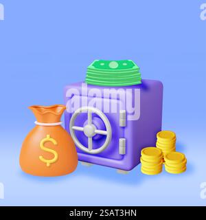 3D-Safe voller Geld, isoliert auf weiß. Render Kunststoff-Safebox Cash Coins, Dollars Symbol. Banksicherheit, Einzahlungsaufbewahrung, Geldschachtel. Sparen, Geld Speichern. Vektorabbildung. 3D Safe voller Geld isoliert Stock Vektor