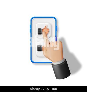 3D Daumen hoch und Daumen runter Handgesten in Mobiltelefon isoliert. „Gefällt mir“- und „gefällt mir nicht“-Handsymbole auf dem Bildschirm rendern. Symbole für Kundenbewertung oder Abstimmung. Zeichentrickfinger-Gesten. Vektorabbildung. 3D Daumen hoch und Daumen runter Gesten im Telefon Stock Vektor