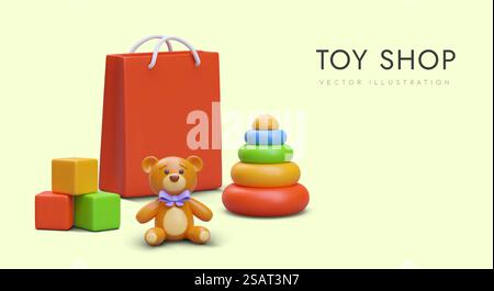 Sammlung mit verschiedenen Spielzeugen im Spielwarenladen. Geschenke für Kinder im Webshop kaufen. 3D realistische Einkaufstasche, lehrreiches Spielzeug und Teddybär. Vektorabbildung. Sammlung mit verschiedenen Spielzeugen im Spielwarenladen. Geschenke für Kinder im Webshop kaufen Stock Vektor