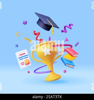 3D Gold Trophäe, Bücherstapel und Graduierungskappe isoliert. Rendern Sie Golden Cup und Education Cap. Diplom oder Akkreditierung. Ziel und Leistung. Business Graduation Konzept. Vektorabbildung. 3D Gold Trophäe, Bücherstapel und Graduierungskappe Stock Vektor