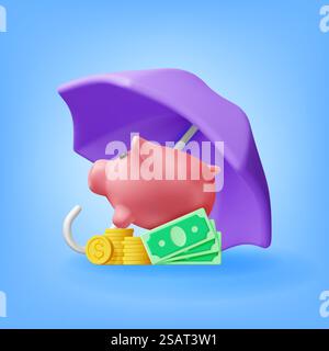 3D Piggy Bank und Stapel von Münzen und Dollars unter Regenschirm isoliert. Render Regenschirm Schützt Geld. Geldschutz, Konzept für finanzielle Einsparungen. Business, Cash Care, Banking. Vektorabbildung. 3D Piggy Bank und Geld unter Regenschirm Stock Vektor