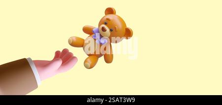 3D realistische Hand mit süßem Teddybär. 3D realistisches Spielzeug für Kinder. Horizontales Poster für den Webshop mit gelbem Hintergrund und Platz für Text. Vektorabbildung. 3D realistische Hand mit süßem Teddybär. 3D realistisches Spielzeug für Kinder Stock Vektor