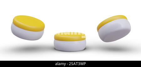 Set von Cremegläsern in verschiedenen Positionen. Vektor realistischer runder Flachbehälter mit gelbem Deckel. Verpackungen für kosmetische Mittel. Ort für Marke. Werbeschnitte für modernes Webdesign. Set von Cremegläsern in verschiedenen Positionen. Vektor realistischer runder Flachbehälter mit gelbem Deckel Stock Vektor