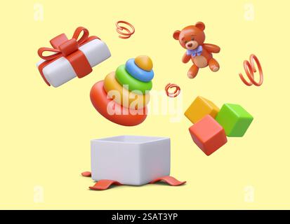 Geschenk mit verschiedenen Spielzeugen für Kinder. 3D offene Box mit Teddybär, lehrreicher Pyramide und Würfeln. Farbenfrohes Poster für den Spielwarenladen. Vektorabbildung in gelben, roten und grünen Farben. Geschenk mit verschiedenen Spielzeugen für Kinder. 3D offene Box mit Teddybär, lehrreicher Pyramide und Würfeln Stock Vektor