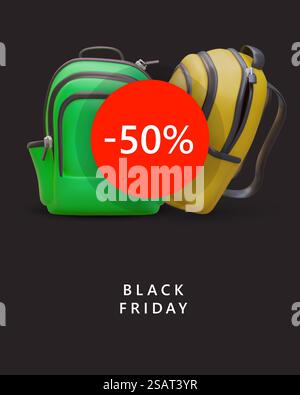 Riesiger Verkauf, Rabatte auf Rucksäcke. Vertikales Poster mit rotem Preisschild und 3D-Bild. Black Friday. Web-Layout mit Text einfärben. Vorlage für Vektorwerbung. Riesiger Verkauf, Rabatte auf Rucksäcke. Vertikales Poster mit rotem Preisschild und 3D-Bild Stock Vektor