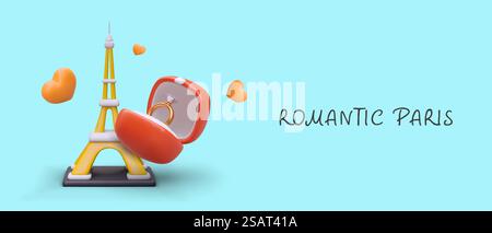 Romantisches Paris. Welthauptstadt der Liebe. Touren für Liebhaber. Heiratsantrag auf Reisen. Werbekonzept für Reisebüros. Vorlage mit 3D-Abbildung, für Text platzieren. Romantisches Paris. Welthauptstadt der Liebe. Touren für Liebhaber. Heiratsantrag auf Reisen Stock Vektor