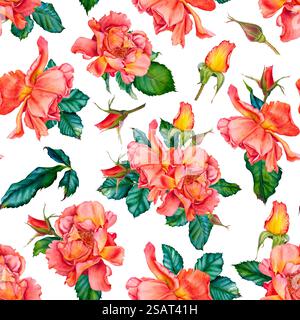 Nahtloses Muster mit Aquarellillustrationen von roten Rosen, Knospen und Blättern auf weißem Hintergrund. Handgezeichnete Illustration zum Valentinstag Stockfoto