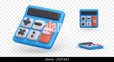 Satz von 3D-Vektorrechnern an verschiedenen Positionen. Symbole für Online-Anwendung. Buchhaltungsdienstleistungen. Mathematische Operationen. Plus, Minus, Dividieren, multiplizieren, gleich. Isoliertes Farbvektorbild. Satz von 3D-Vektorrechnern an verschiedenen Positionen. Symbole für Online-Anwendung Stock Vektor