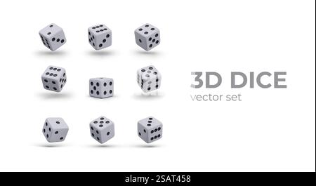 Satz von 3D-Würfeln an verschiedenen Positionen. Realistische Bilder für das Gaming-Geschäft. Illustrationen für Online-Spiele. Alle Spielnummern von 1 bis 6. ACE, Deuce, trey, Catering, cinque, sice. Satz von 3D-Würfeln an verschiedenen Positionen. Realistische Bilder für das Gaming-Geschäft Stock Vektor