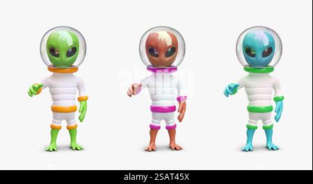 Humanoid im Astronautenanzug mit durchsichtigem Helm. Vertreter der außerirdischen Zivilisation. Set von Außerirdischen in verschiedenen Farben. Isolierte Symbole auf weißem Hintergrund. Detaillierte Bilder für Webdesign. Humanoid im Astronautenanzug mit durchsichtigem Helm. Vertreter der außerirdischen Zivilisation Stock Vektor