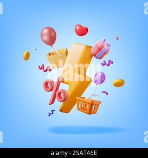 Orangefarbener 3D-Kunststoff-Blitz mit Einkaufskorb, Geschenkboxen und Taschen. Symbol „Realistisches Einkaufskonzept Rendern“. Flash-Verkaufs-Symbol. Prozentzeichen und Referenzkreise. Illustration Des Zeichentrickvektors. 3D Flash Sale Shopping Konzept Stock Vektor