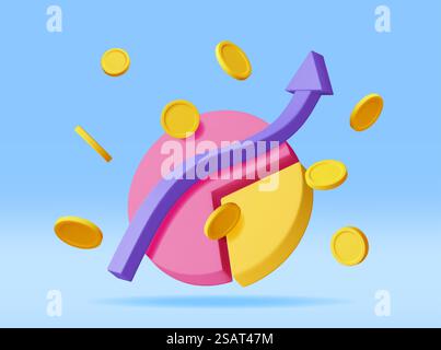 3D-Tortendiagramm mit isolierten goldenen Münzen. Rendering Stock Pie With Money zeigt Wachstum oder Erfolg. Finanzposition, Geschäftsinvestition, Finanzmarkthandel. Geld und Bankwesen. Vektorabbildung. 3D-Tortendiagramm mit goldenen Münzen Stock Vektor