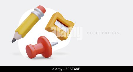 Satz realistischer Büroobjekte. Farbstift, Spitzer, Stift. Werbebanner auf grauem Hintergrund. Vektorkonzept im Cartoon-Stil. Angebot für Bürobedarf. Satz realistischer Büroobjekte. Farbstift, Spitzer, Stift Stock Vektor