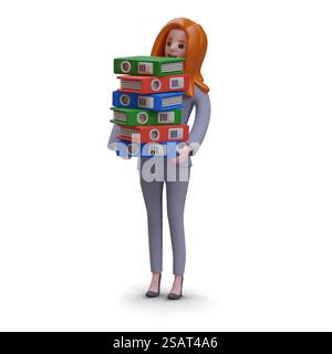 Frau in Bürokleidung, die einen Stapel Ordner hält. 3D-Modell einer Geschäftsfrau, die mit Dokumenten arbeitet. Vektor-Illustration im Cartoon-Stil in orange und grau. Frau in Bürokleidung, die einen Stapel Ordner hält. 3D-Modell einer Geschäftsfrau, die mit Dokumenten arbeitet Stock Vektor