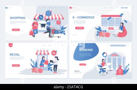 Shopping- und E-Commerce-Web-Konzept für Landing-Page in flachem Design. Kunden kaufen in Einzelhandelsgeschäften und Online-Shops und bezahlen Bestellungen. Vektorillustration mit Personenzeichen für Homepage Stock Vektor