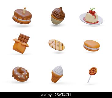 Set mit farbigen 3D-Symbolen für Desserts, Süßigkeiten. Isoliertes Vektorbild auf weißem Hintergrund. Kuchen, Cupcake, Panna Cotta, Schokoladenriegel, Kekse, Donut, Eis, Lutscher. Set mit farbigen 3D-Symbolen für Desserts, Süßigkeiten. Isoliertes Vektorbild auf weißem Hintergrund Stock Vektor