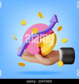 3D-Tortendiagramm mit goldenen Münzen in der Hand. Rendering Stock Pie With Money zeigt Wachstum oder Erfolg. Finanzposition, Geschäftsinvestition, Finanzmarkthandel. Geld und Bankwesen. Vektorabbildung. 3D-Tortendiagramm mit goldenen Münzen in der Hand Stock Vektor