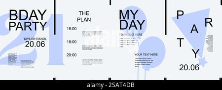 Modernes Geburtstagsbanner mit trendigem minimalistischem Typografiedesign. Postervorlagen mit Plan, Zahlen, Ballons und festlichem Hut und Textelementen auf dunklem Hintergrund zur Einladung. Vektorabbildung. Stock Vektor