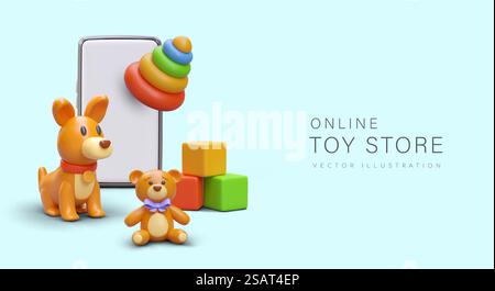 Konzept des Online-Spielwarengeschäfts. 3D-Smartphone, Teddybär, Hund und Lernspielzeug. Poster mit blauem Hintergrund und Platz für Text. Vektorabbildung im 3D-Stil. Konzept des Online-Spielwarengeschäfts. 3D-Smartphone, Teddybär, Hund und Lernspielzeug Stock Vektor