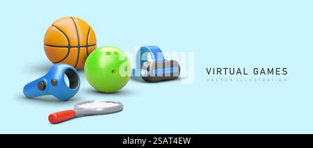 Virtuelle Spiele. Computerwettbewerbe. Meisterschaften online. Freizeit in erweiterter digitaler Realität. Neue Technologien. ESports. Vektorfarbenposter mit Text. Virtuelle Spiele. Computerwettbewerbe. Meisterschaften online Stock Vektor