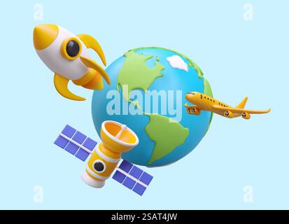 Flüge um die Erde. 3D-Weltraumrakete, Satellit, Flugzeug. Komposition im Cartoon-Stil. Farbvektorkonzept von Reisen, Datenübertragung. Entwicklung der Luftfahrt und der kosmonautik. Flüge um die Erde. 3D-Weltraumrakete, Satellit, Flugzeug. Komposition im Cartoon-Stil Stock Vektor