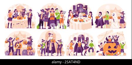Mega Illustration Set von Halloween. Glückliche Menschen kleiden sich in verschiedenen Halloween-Kostümen, um Halloween zu feiern. Halloween Party und Trick or Treat Konzept Stock Vektor