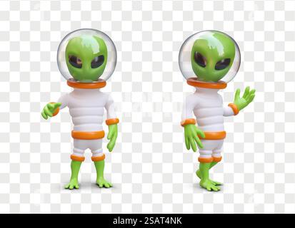 Grüne Außerirdische in Weltraumanzügen. Vektor-3D-Humanoide. Charaktere in verschiedenen Posen. Satz isolierter Illustrationen. Detailliertes Bild mit Schatten für Webdesign. Grüne Außerirdische in Weltraumanzügen. Vektor-3D-Humanoide. Charaktere in verschiedenen Posen Stock Vektor