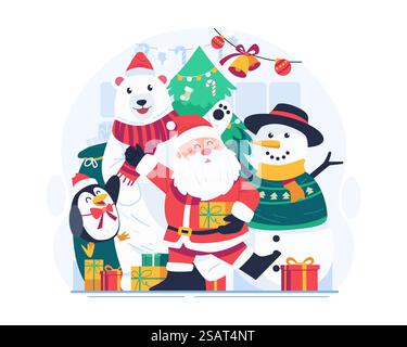 Frohe Weihnachten Illustration. Der Weihnachtsmann und seine liebenswerten Gefährten. Ein süßer Schneemann, Eisbär und Pinguin mit einem Weihnachtsbaum und Geschenken Stock Vektor