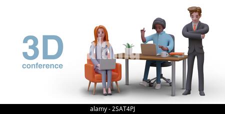 Junge Büroangestellte, die auf Laptops arbeiten. 3D-Konferenzkonzept. Präsentation, Schulung und Lernen für Geschäftsleute. Vektorillustration im Cartoon-Stil. Junge Büroangestellte, die auf Laptops arbeiten. 3D-Konferenzkonzept Stock Vektor